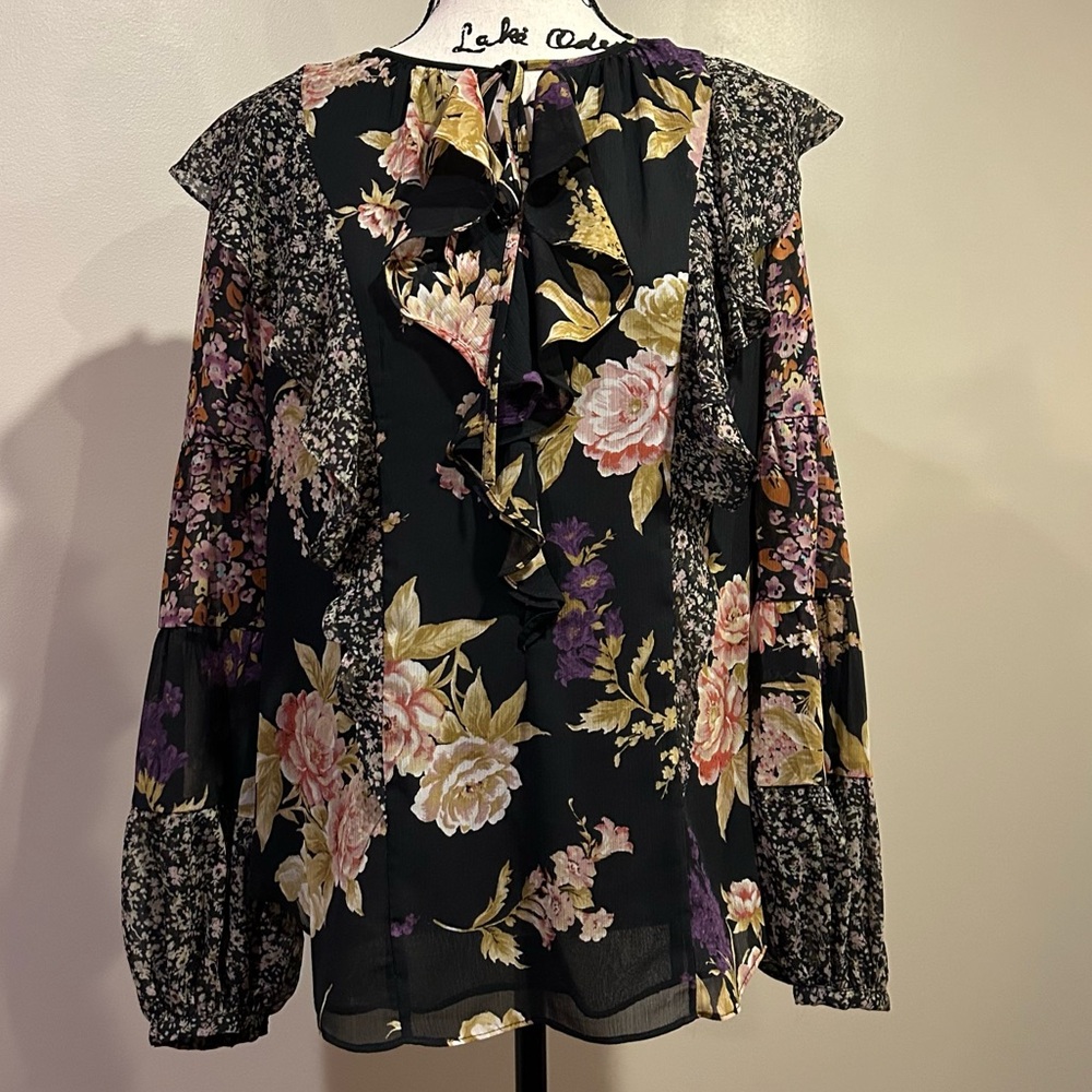 Lauren Ralph Lauren Silk Floral Print Keyhole Neck Tie Blouse